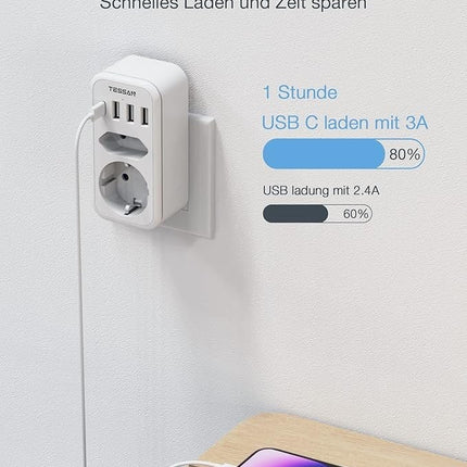 TESSAN Doppelstecker 3600W mit USB C & 3 USB A 2fach Adapter Schnellladen