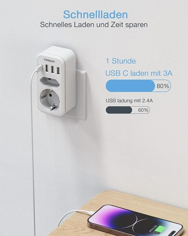 TESSAN Doppelstecker 3600W mit USB C & 3 USB A 2fach Adapter Schnellladen