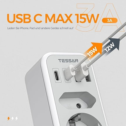 6 in 1 Mehrfachstecker für Steckdose C Doppelstecker mit USB erweiterbar auf 1
