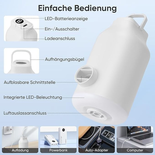 Elektrische Mini Luftpumpe 2000mAh Akku 5 Düsen für Luftmatratze Pool