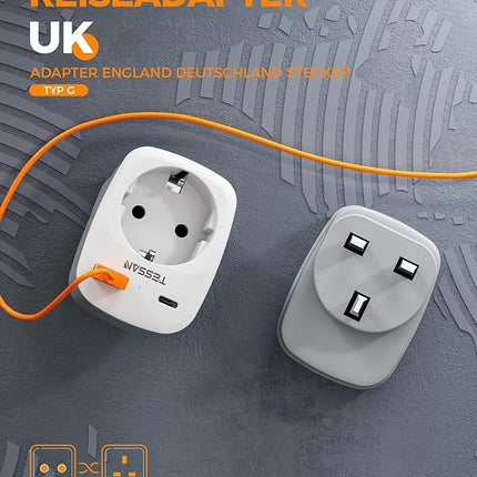 TESSAN Reiseadapter England UK Typ G 3250W mit USB C & USB A Traveladapter 2er