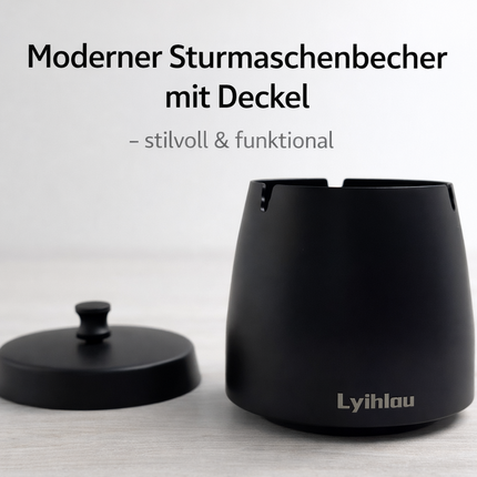 Sturmaschenbecher Schwarz mit Deckel – Windfest & Geruchsarm Ø10cm