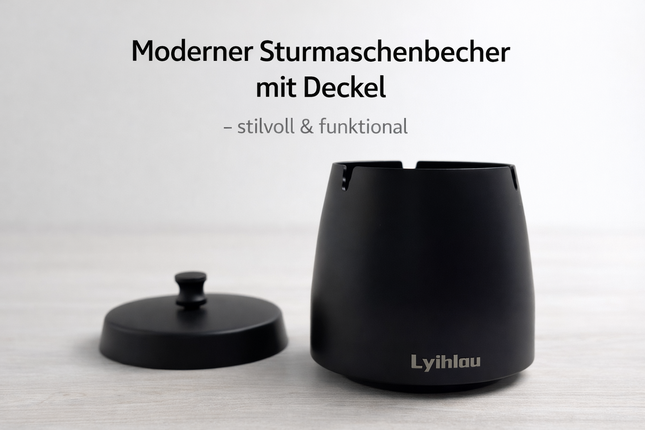 Sturmaschenbecher Schwarz mit Deckel – Windfest & Geruchsarm Ø10cm