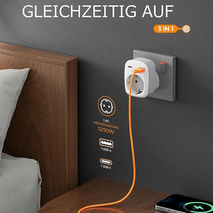 TESSAN Reiseadapter England UK Typ G 3250W mit USB C & USB A Traveladapter 2er
