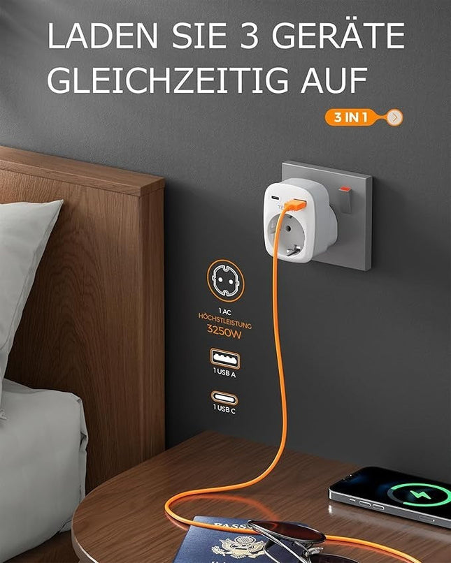TESSAN Reiseadapter England UK Typ G 3250W mit USB C & USB A Traveladapter 2er