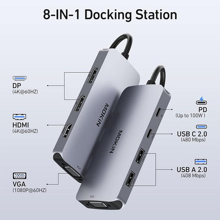 MOKiN USB-C Hub 8in1 – 2x DisplayPort, 4K HDMI, VGA, PD 100W, Dockingstation