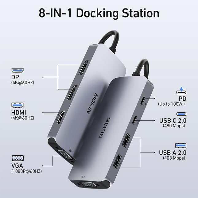 MOKiN USB-C Hub 8in1 – 2x DisplayPort, 4K HDMI, VGA, PD 100W, Dockingstation