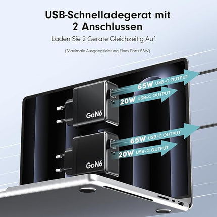90W USB-C Ladegerät 2-Pack GaN – 2 Port Schnellladegerät mit Kabel, PD