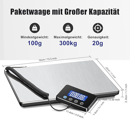Paketwaage 300kg/20g – Plattformwaage Edelstahl Digital Tara, Aufladbar Waage
