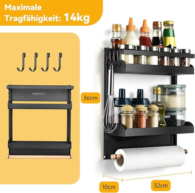 aceyoon Magnet Kühlschrank Regal 2 Etagen mit 4 Haken & Papierhandtuchhalter