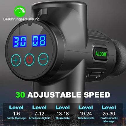 ALDOM Massagepistole Tiefenmuskulatur – 30 Stufen, 8 Köpfe, LCD-Display