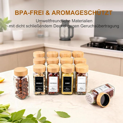 Gewürzgläser Set 24er eckig Bambusdeckel 360 Etiketten Trichter Gewürzdosen Glas