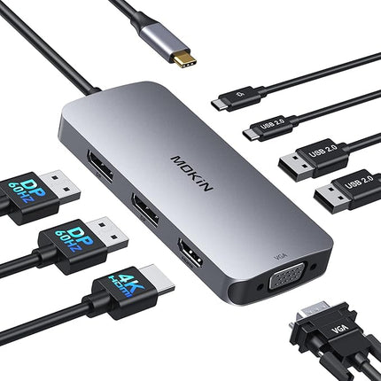 MOKiN USB-C Hub 8in1 – 2x DisplayPort, 4K HDMI, VGA, PD 100W, Dockingstation