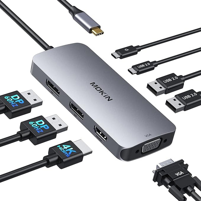 MOKiN USB-C Hub 8in1 – 2x DisplayPort, 4K HDMI, VGA, PD 100W, Dockingstation