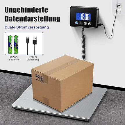 Paketwaage 300kg/20g – Plattformwaage Edelstahl Digital Tara, Aufladbar Waage
