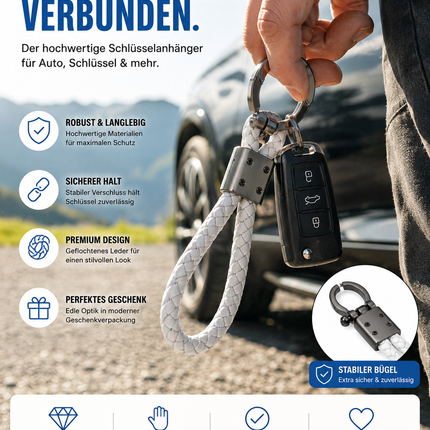 Premium Schlüsselanhänger Set Leder Geflochten – 2er Karabiner, Auto, Haus