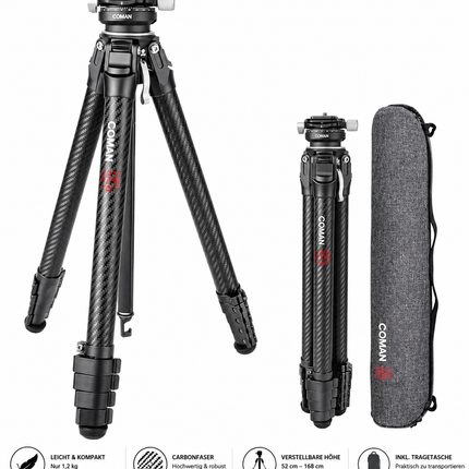 COMAN Zero Y Carbon Stativ 156cm – 360° Kugelkopf, 1.1kg, 18kg Tragkraft