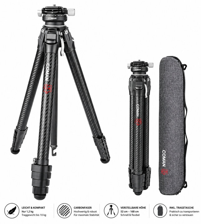 COMAN Zero Y Carbon Stativ 156cm – 360° Kugelkopf, 1.1kg, 18kg Tragkraft