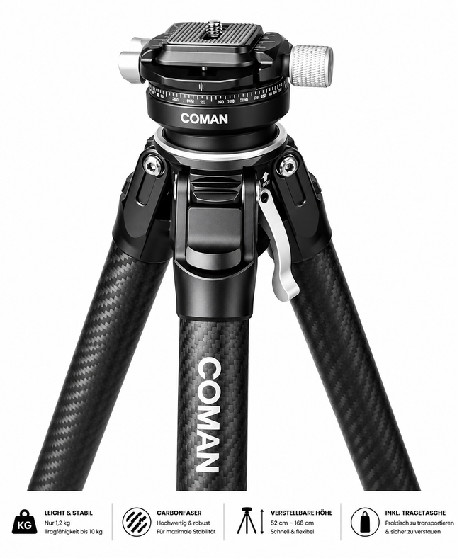 COMAN Zero Y Carbon Stativ 156cm – 360° Kugelkopf, 1.1kg, 18kg Tragkraft