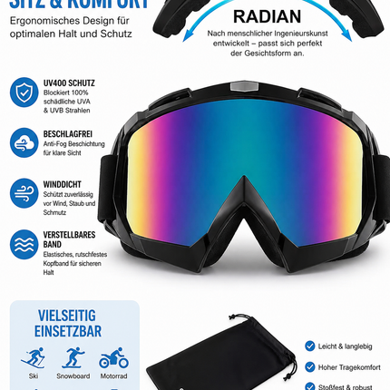 Motorradbrille Skibrille Anti Fog – UV Schutz, Doppellinse, Helm-kompatibel