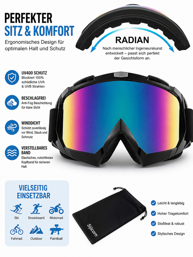 Motorradbrille Skibrille Anti Fog – UV Schutz, Doppellinse, Helm-kompatibel