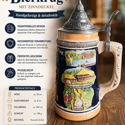 Bierkrug mit Deckel 0,6L Steinkrug Keramik – Deutschland Design, Geschenk
