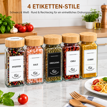 Gewürzgläser Set 24er eckig Bambusdeckel 360 Etiketten Trichter Gewürzdosen Glas