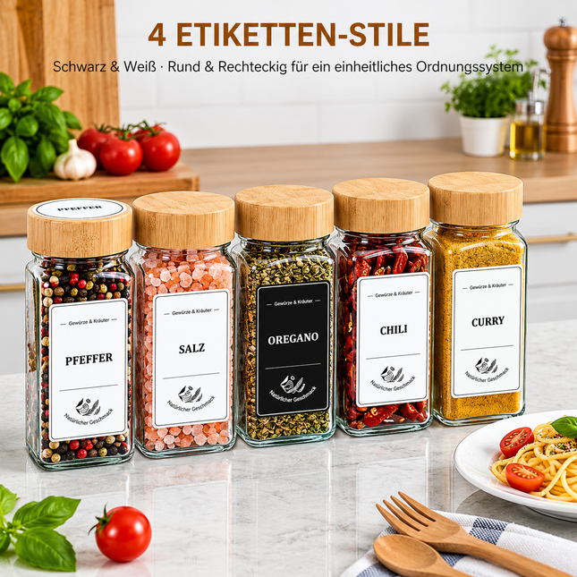 Gewürzgläser Set 24er eckig Bambusdeckel 360 Etiketten Trichter Gewürzdosen Glas