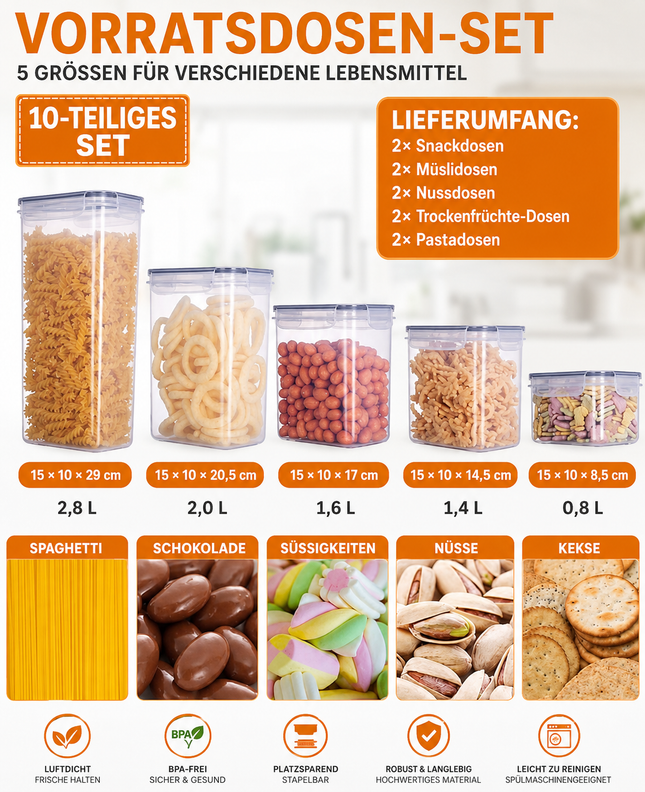 Vorratsdosen Set 10er BPA-frei – Luftdicht Stapelbar mit Etiketten & Löffel