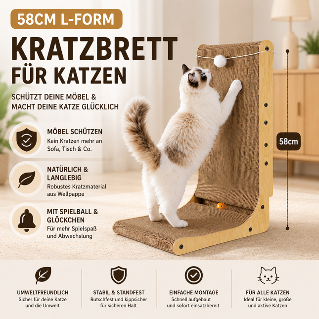 Katzenkratzbrett L-Form 58cm – Vertikal mit Ball, Möbelschutz Katze