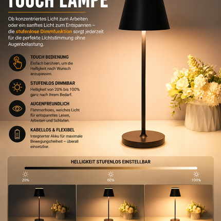 Dimmbare LED Touch Tischlampe – Nachttischlampe mit Timer, Kabellos, Schwarz
