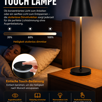 Dimmbare LED Touch Tischlampe – Nachttischlampe mit Timer, Kabellos, Schwarz