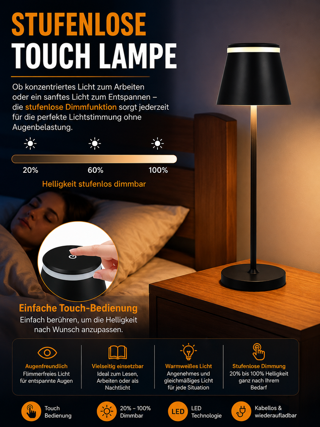 Dimmbare LED Touch Tischlampe – Nachttischlampe mit Timer, Kabellos, Schwarz