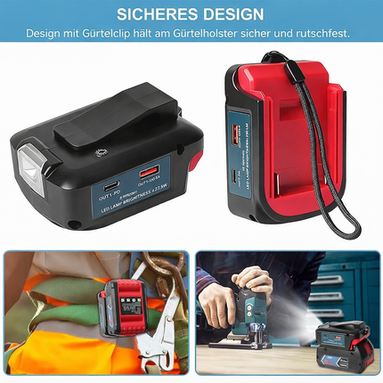 USB Adapter für Bosch 18V Akku – 2x USB Schnellladung (PD/QC3.0), 12V Anschluss, LED Arbeitslicht & Gürtelclip