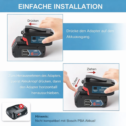 USB Adapter für Bosch 18V Akku – 2x USB Schnellladung (PD/QC3.0), 12V Anschluss, LED Arbeitslicht & Gürtelclip