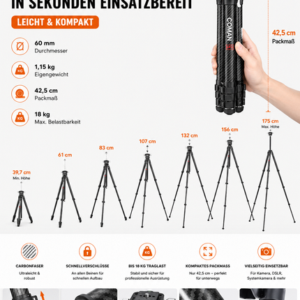 COMAN Zero Y Carbon Stativ 156cm – 360° Kugelkopf, 1.1kg, 18kg Tragkraft