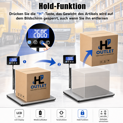 Paketwaage 300kg/20g – Plattformwaage Edelstahl Digital Tara, Aufladbar Waage