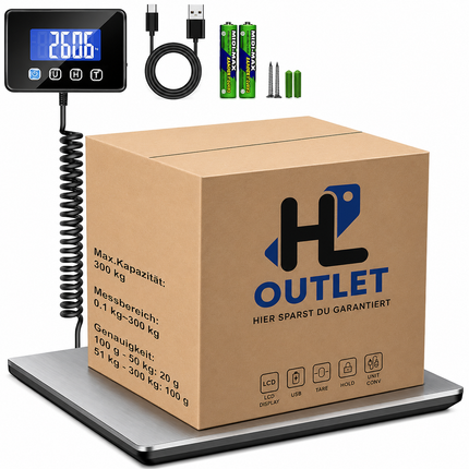Paketwaage 300kg/20g – Plattformwaage Edelstahl Digital Tara, Aufladbar Waage