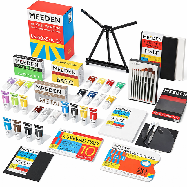 MEEDEN Deluxe Acryl Malset 24×120ml – Staffelei, Pinsel & Leinwand für Künstler