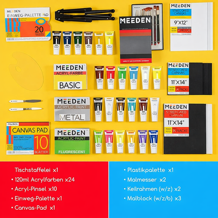 MEEDEN Deluxe Acryl Malset 24×120ml – Staffelei, Pinsel & Leinwand für Künstler