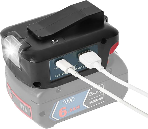 USB Adapter für Bosch 18V Akku – 2x USB Schnellladung (PD/QC3.0), 12V Anschluss, LED Arbeitslicht & Gürtelclip