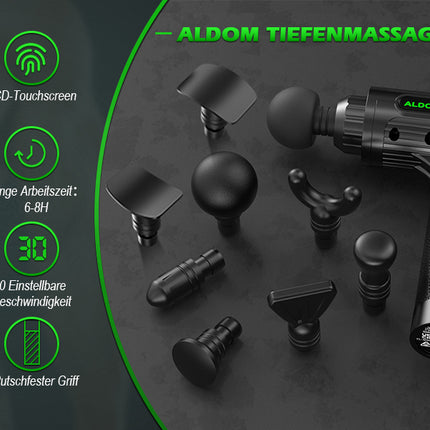 ALDOM Massagepistole Tiefenmuskulatur – 30 Stufen, 8 Köpfe, LCD-Display