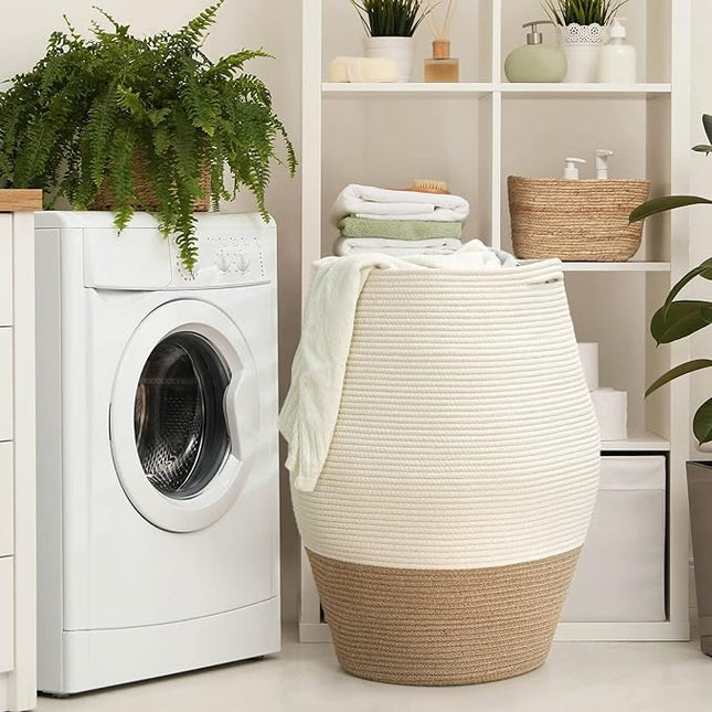 Wäschekorb 105L Groß Aufbewahrungskorb Baumwolle Geflochten Weiß Jute
