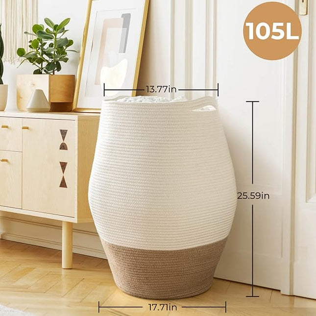 Wäschekorb 105L Groß Aufbewahrungskorb Baumwolle Geflochten Weiß Jute