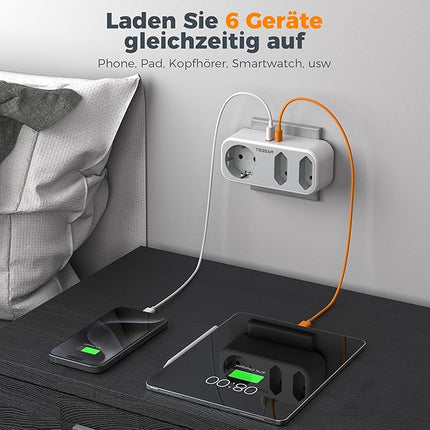 TESSAN Mehrfachstecker 3-fach mit USB C & USB 3600W Steckdosenadapter 5in1