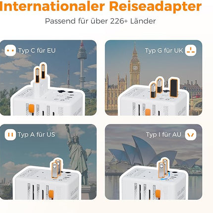 TESSAN 3in 1 Universal Reiseadapter Weltweit mit USB C & 2 USB A 2500W Stecker