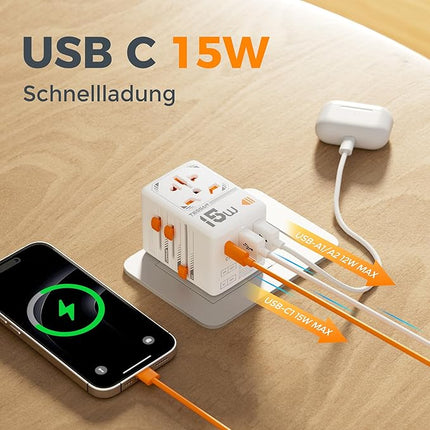 TESSAN 3in 1 Universal Reiseadapter Weltweit mit USB C & 2 USB A 2500W Stecker