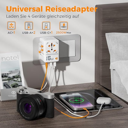 TESSAN 3in 1 Universal Reiseadapter Weltweit mit USB C & 2 USB A 2500W Stecker