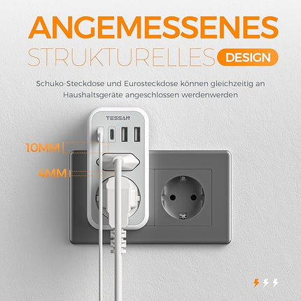 6 in 1 Mehrfachstecker für Steckdose C Doppelstecker mit USB erweiterbar auf 1
