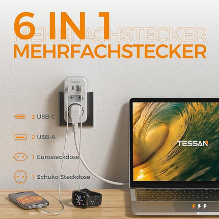 6 in 1 Mehrfachstecker für Steckdose C Doppelstecker mit USB erweiterbar auf 1
